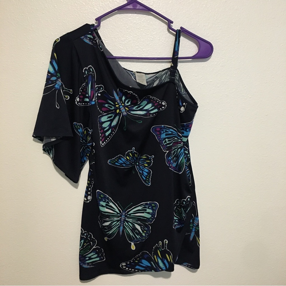 Blue Butterfly Pattern Single Shoulder Blouse
